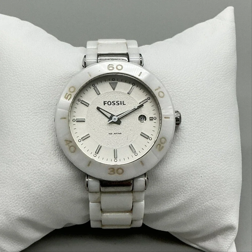 Fossil Allie Womens Watch 34mm White Ceramic Date CE-1030 New Battery 6.5
